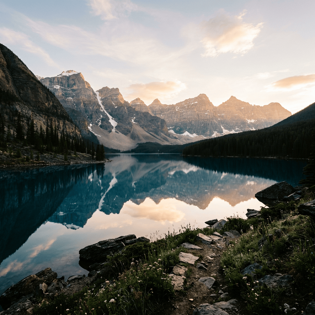 Snow-dusted mountain range reflected in a tranquil alpine lake
