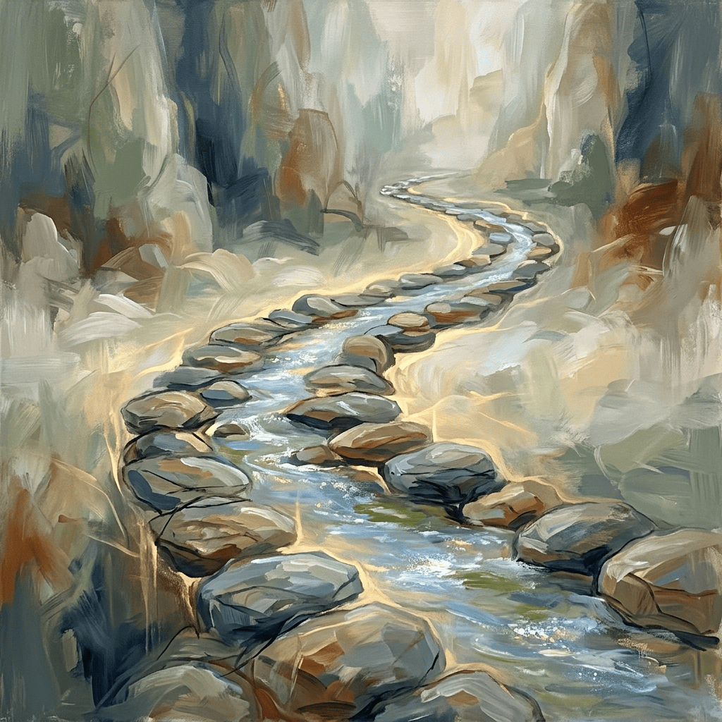 Sunlit stream winding through a rocky forest landscape